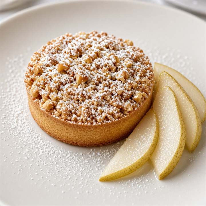 Tarte à la noisette et tranches de poire sur assiette claire.