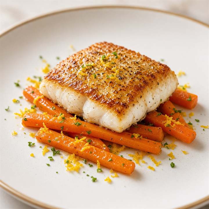 Filet de poisson saisi sur carottes glacées et zestes d’agrumes.
