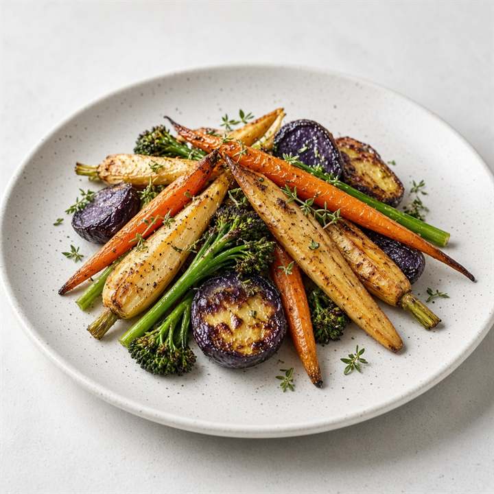 Assiette de carottes, panais, pommes de terre violettes et broccolini rôtis.