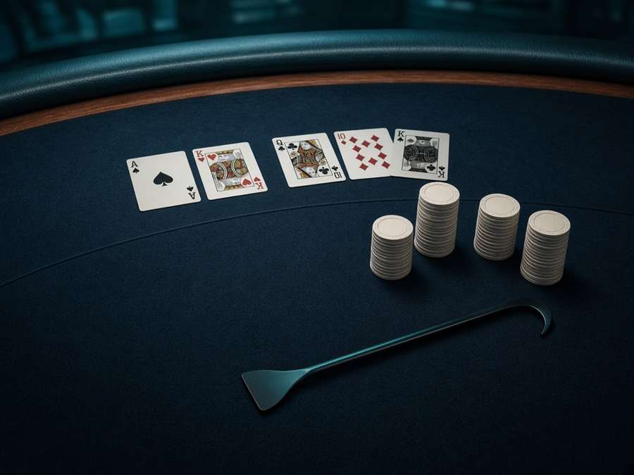 Tapis de cartes avec jetons et râteau de croupier.